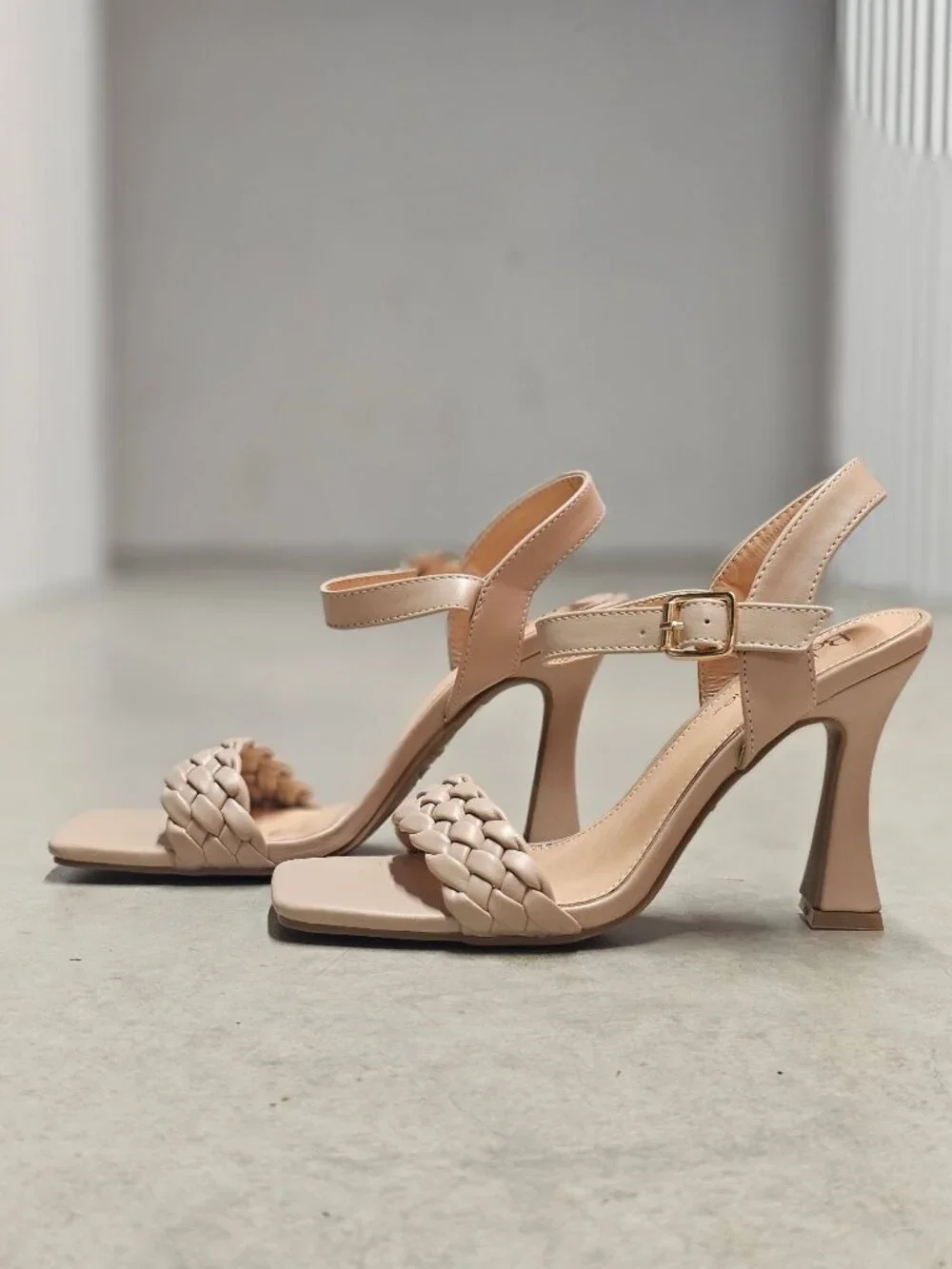 Braided Nude Heeled Sandals With Square Toe Design & Adjustable Ankle Strap - Picture 14 of 14